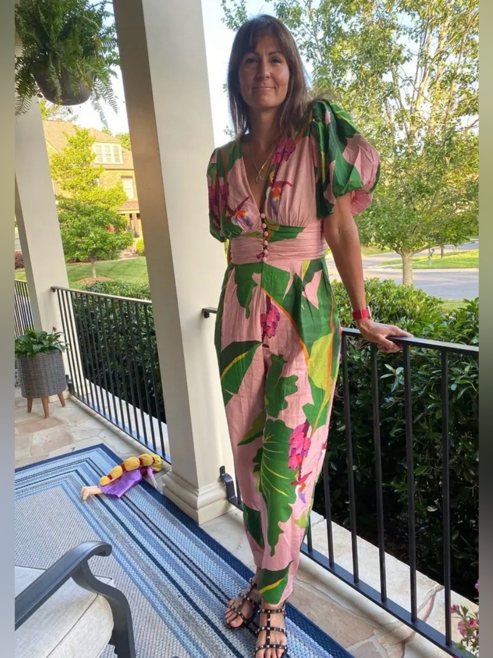 FARM Rio Tropicalistic Anthropologie puff sleeve open back linen jumpsuit M - Picture 11 of 11
